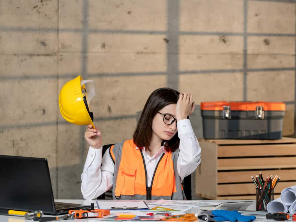 Frau in der Werkstatt mit Kopfschmerzen infolge der Arbeit ohne Ohrstöpsel